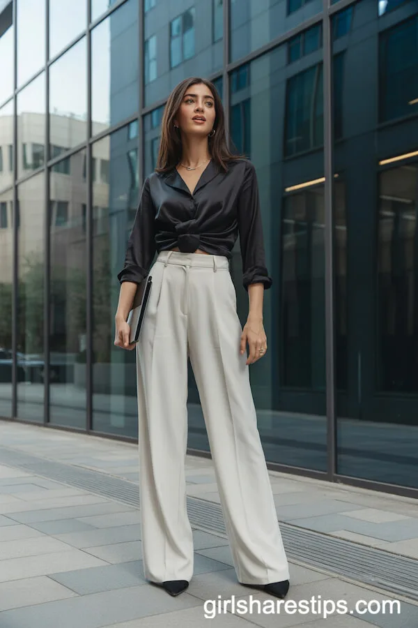 Chic Office Look: White Wide Leg Trousers and Black Silk Blouse