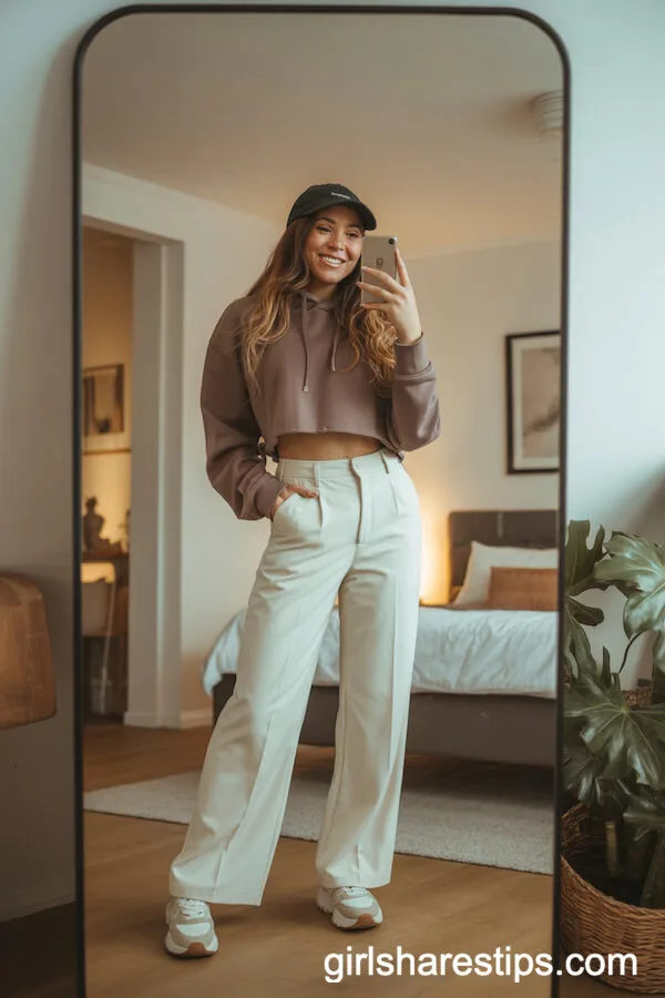 Sporty At-Home Style: White Wide Leg Pants with Cropped Hoodie