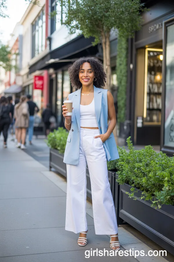 City Casual: White Wide Leg Pants with Light Blue Suit Vest