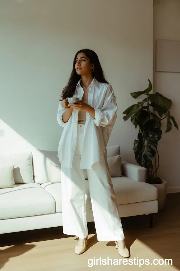 Minimalist All-White Ensemble with Oversized Shirt and Nude Heels