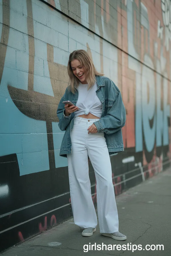 Street Style: White Wide Leg Pants with Denim Jacket and White Tee