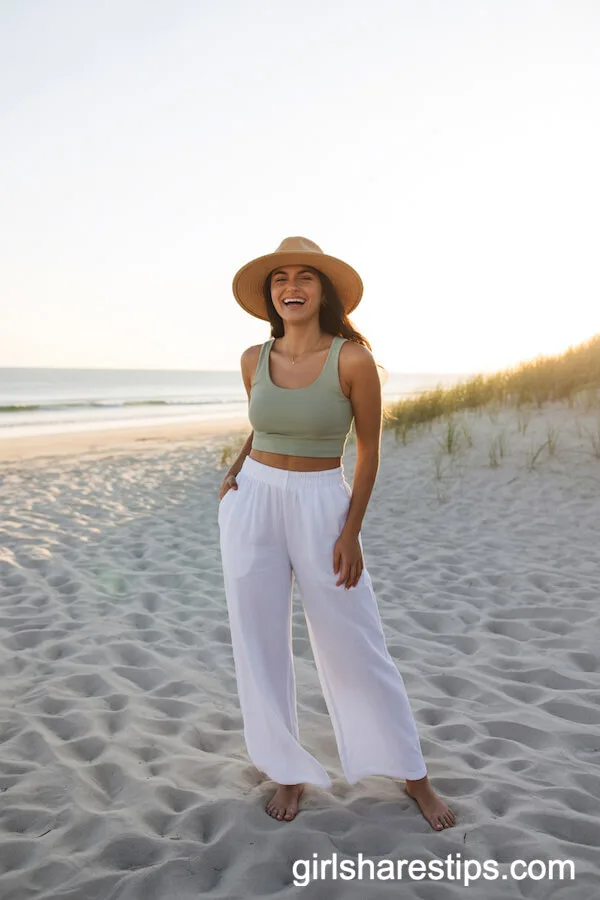 Beach Vibes: White Linen Wide Leg Pants and Sage Green Crop Top