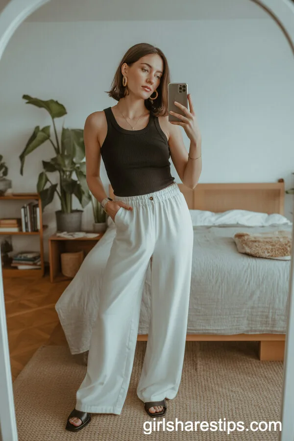 Cozy At-Home Look: White Wide Leg Pants with Black Tank Top
