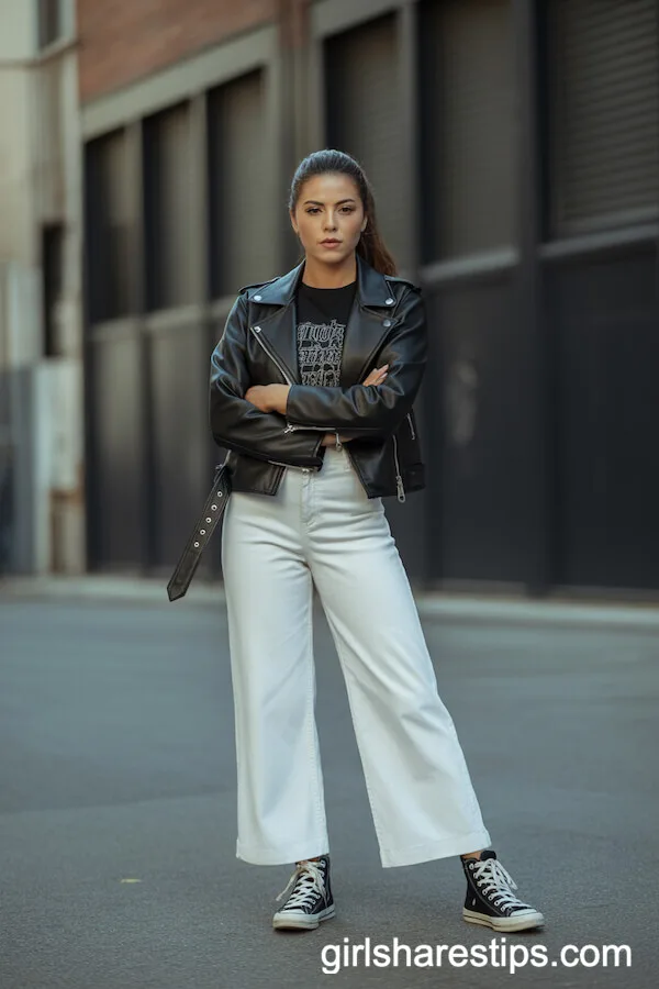 Cool and Edgy: White Wide Leg Pants with Leather Jacket and Graphic Tee