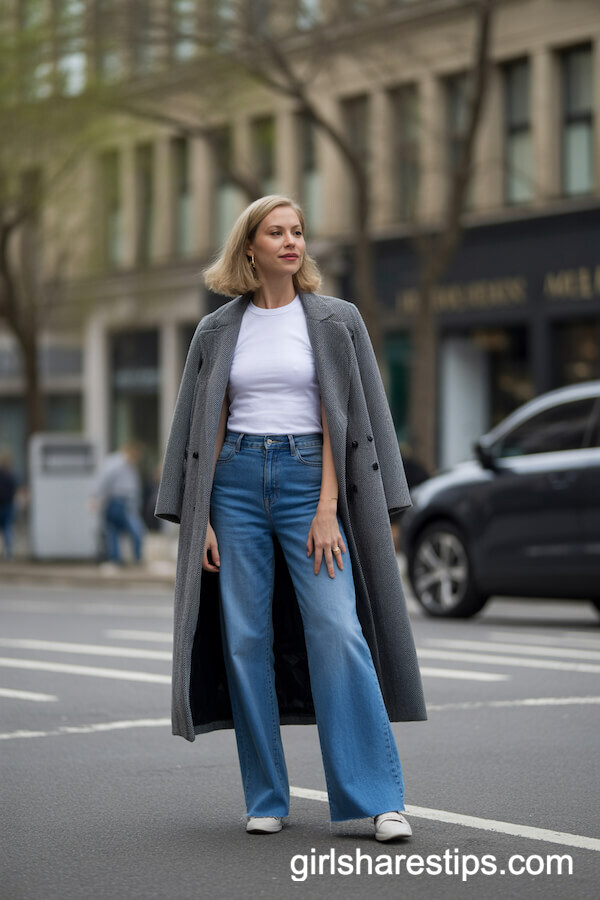 White Tee & Grey Coat with Jeans