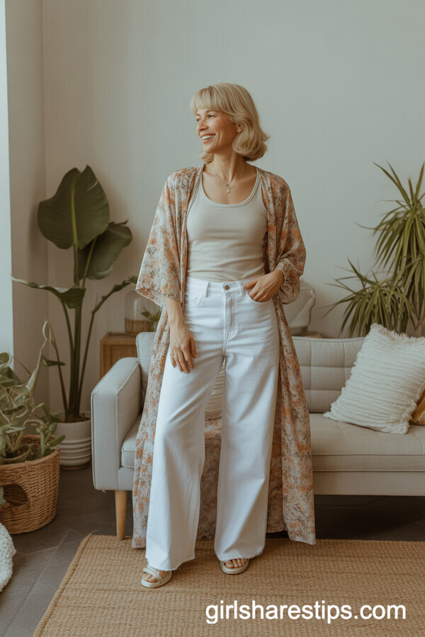 Flowy Kimono & White Wide Leg Jeans