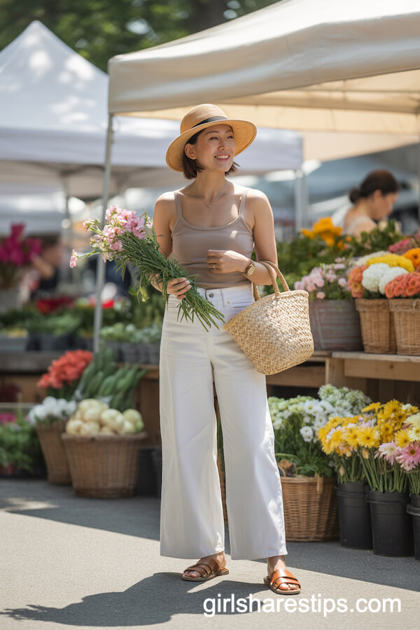 Beige Tank & White Jeans for Summer