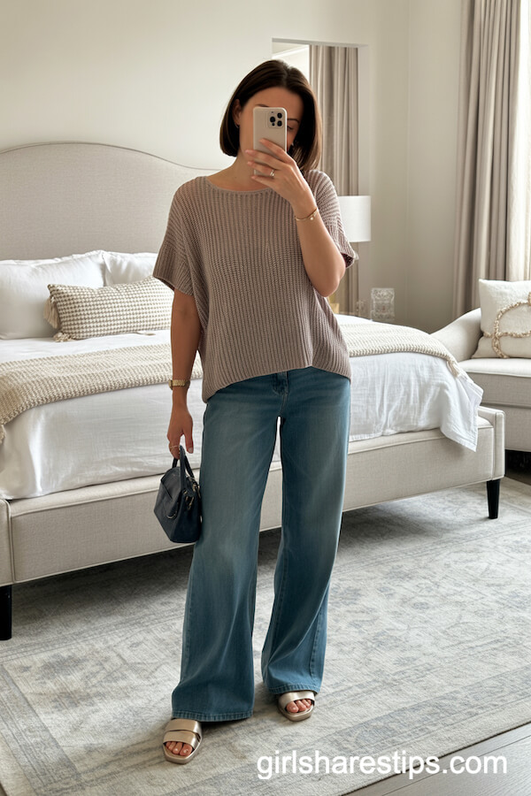 Knit Sweater & Faded Wide Leg Jeans