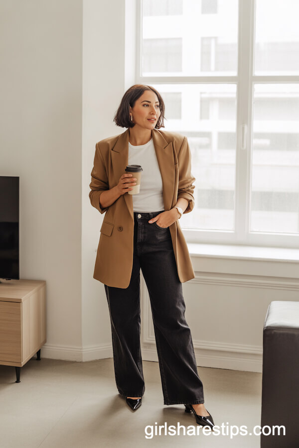 Tailored Blazer & Dark Wide Leg Jeans