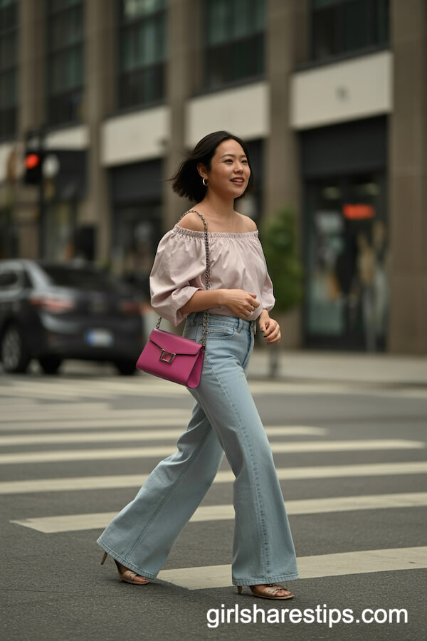 Off-Shoulder Blouse Light Wash Jeans