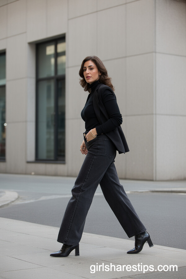 All-Black Look with Wide Leg Jeans