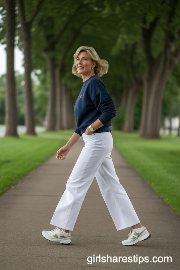 White Jeans & Navy Sweatshirt Combo