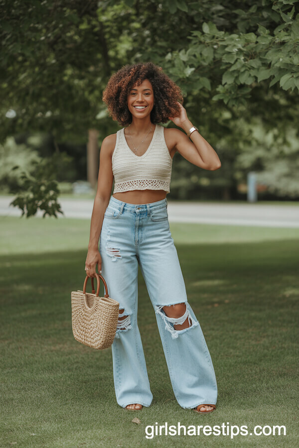 Cream Crochet Crop Top & Distressed Light Blue Jeans