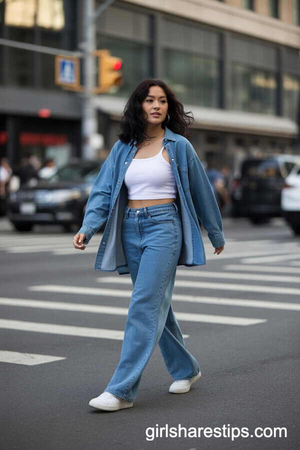 Oversized Denim Shirt & Matching Blue Wide Leg Jeans