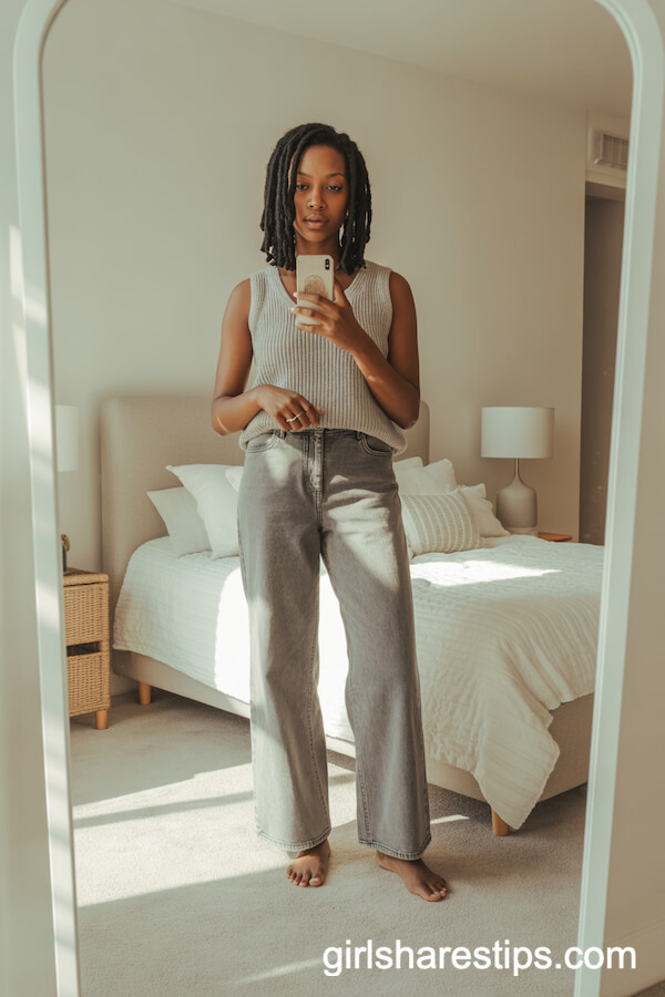 Soft Grey Wide Leg Jeans Sleeveless Knit Top