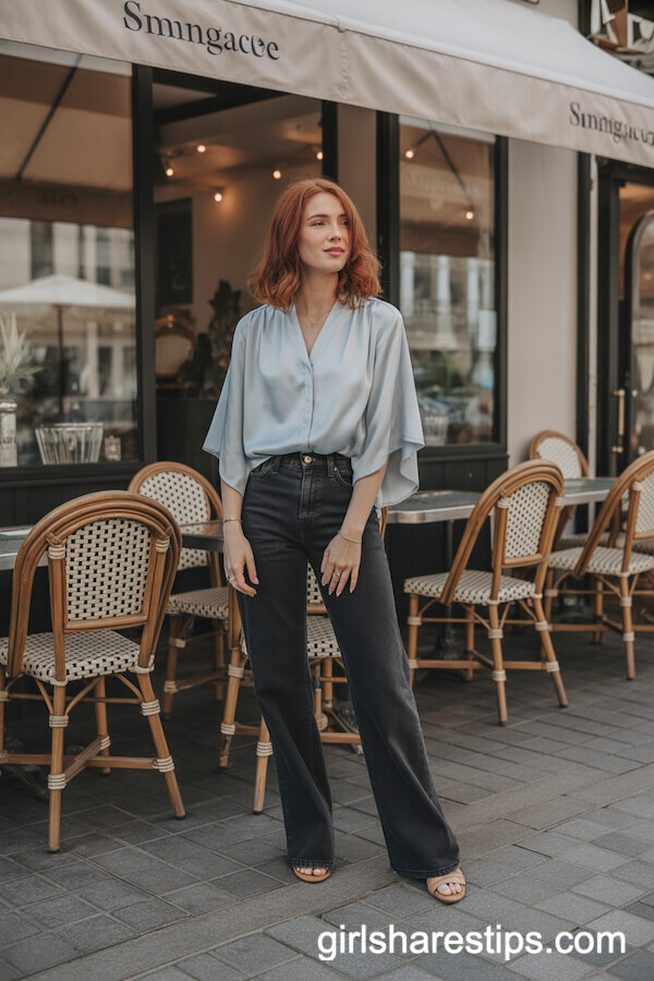 Silky Light Blue Blouse Dark Wash Wide Leg Jeans