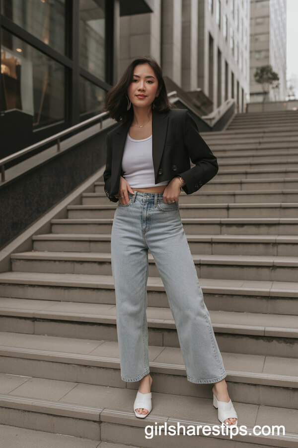 Cropped Black Blazer & Light Wash Wide Leg Jeans