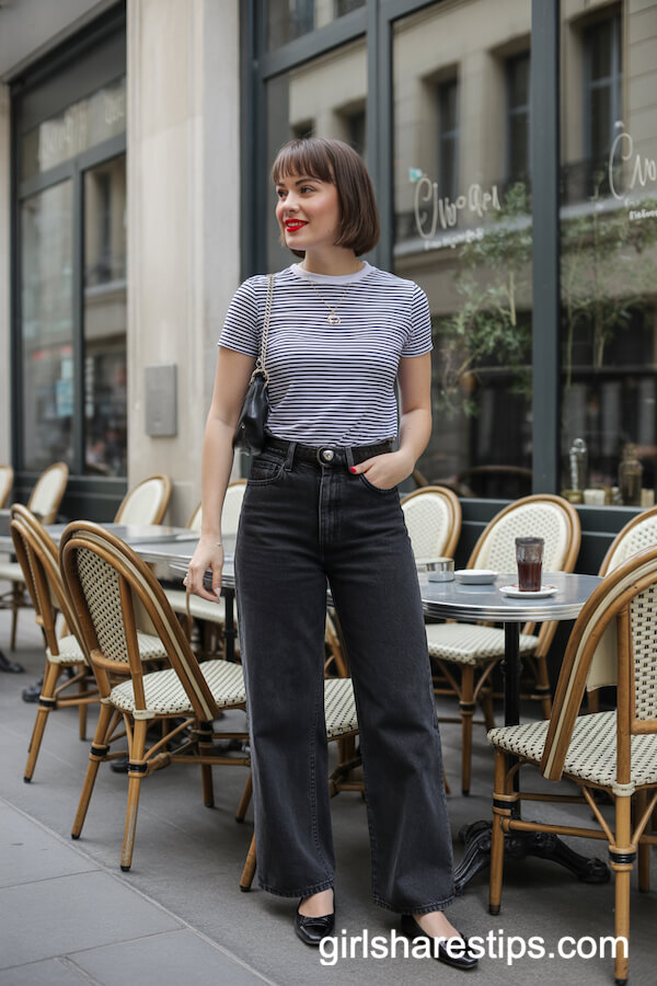 Black & White Striped Tee & Dark Wide Leg Jeans