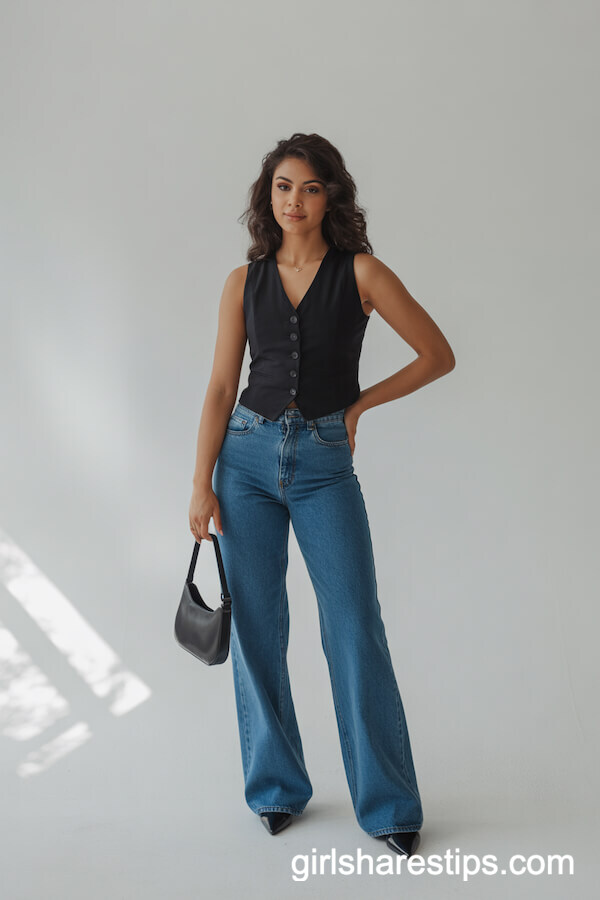 Fitted Black Vest Blue High-Waisted Wide Leg Jeans