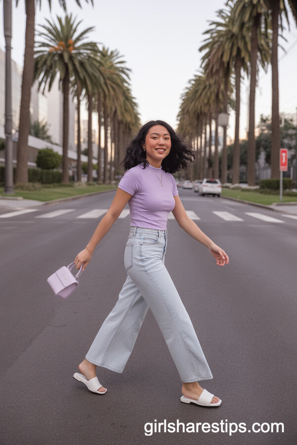 Lilac Top & Light Denim Wide Leg Jeans