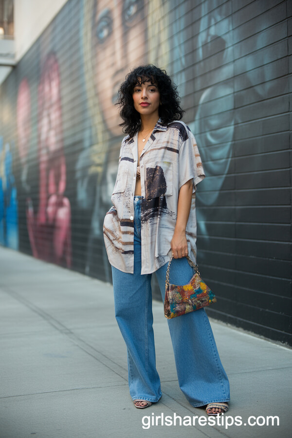 Artistic Print Button-Up Mid-Wash Wide Leg Jeans