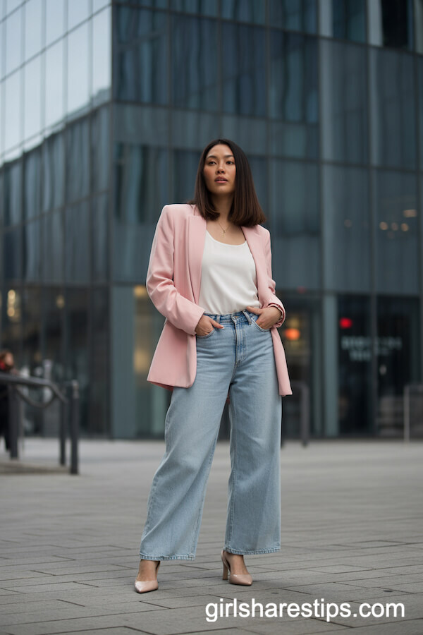 Pastel Pink Blazer White Camisole with Light Wash Jeans