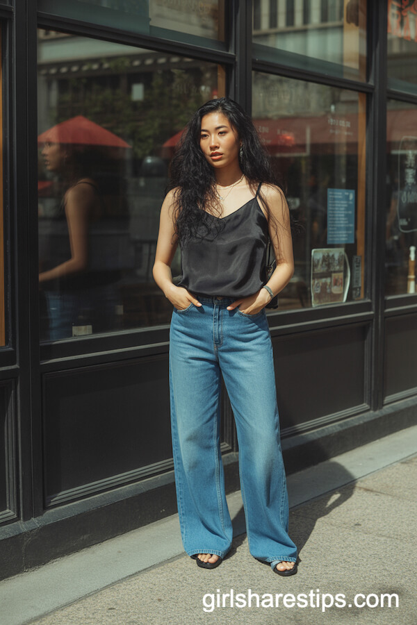 Loose Black Camisole & Relaxed Blue Wide Leg Jeans