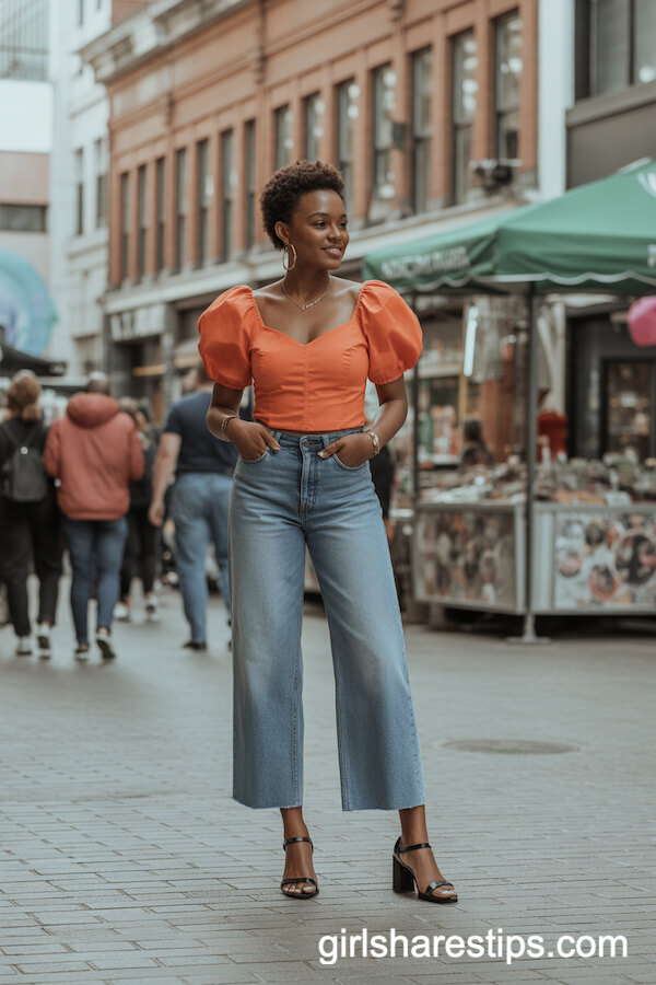 Bright Orange Puff-Sleeve Blouse & Faded Blue Jeans