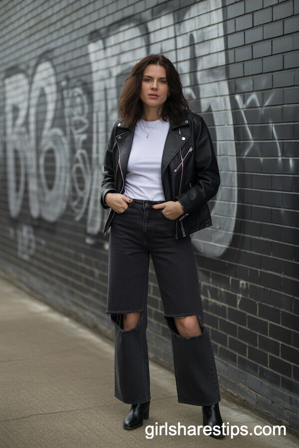 Black Leather Jacket Distressed Black Wide Leg Jeans