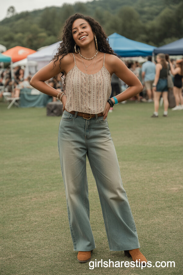 Boho Print Tank Top & Faded Blue Jeans with Ankle Boots