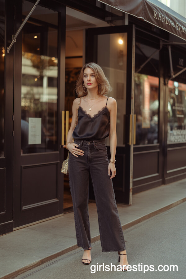 Lacy Black Camisole Dark Wide Leg Jeans