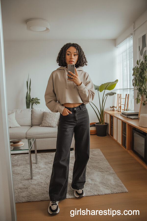 Beige Hoodie and Black Wide Leg Jeans with Chunky Sneakers