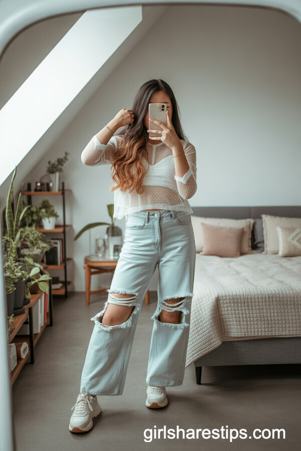 Sheer White Lace Top Distressed Light Blue Wide Leg Jeans Chunky Sneakers