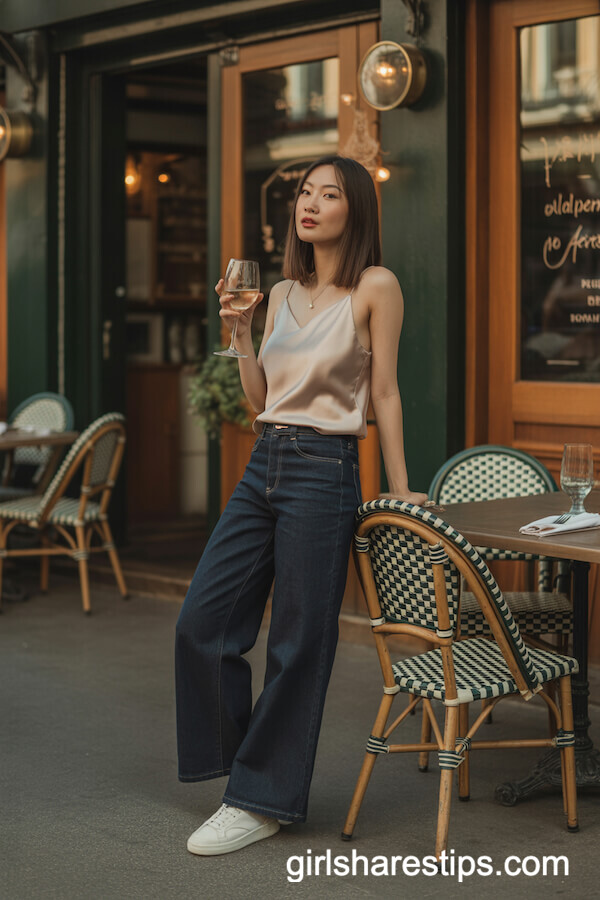 Sleek Silk Camisole Dark Blue Wide Leg Jeans Subtle Sneakers