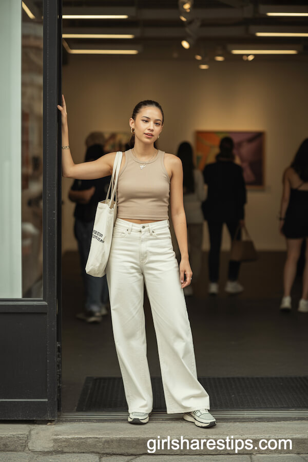Beige Tank and White Wide Leg Jeans with Trending Sneakers