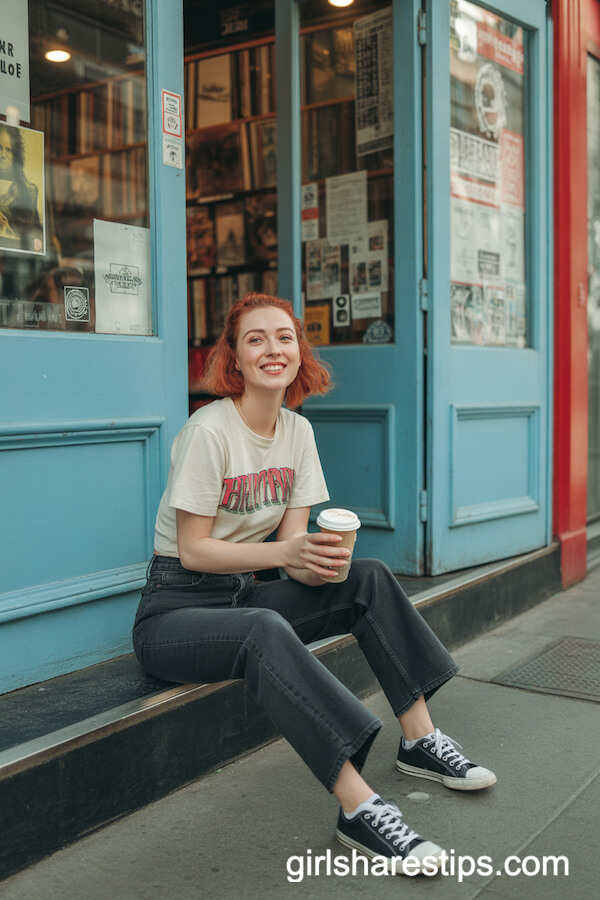 Vintage Band T-Shirt and Faded Black Wide Leg Jeans with Old-School Sneakers