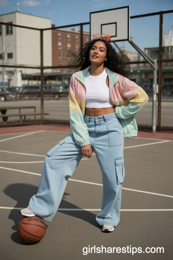 Pastel Windbreaker and Wide Leg Cargo Jeans with Athletic Sneakers