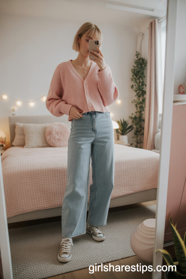 Pastel Pink Cardigan High-Rise Wide Leg Jeans Low-Top Sneakers