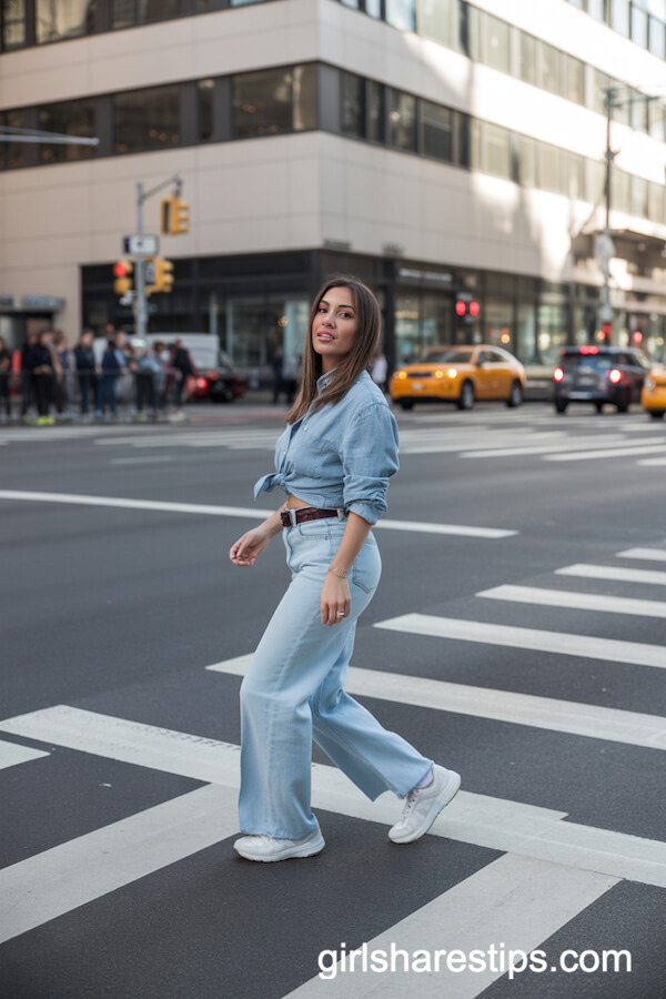Tucked Chambray Shirt Light Blue Wide Leg Jeans White Sneakers