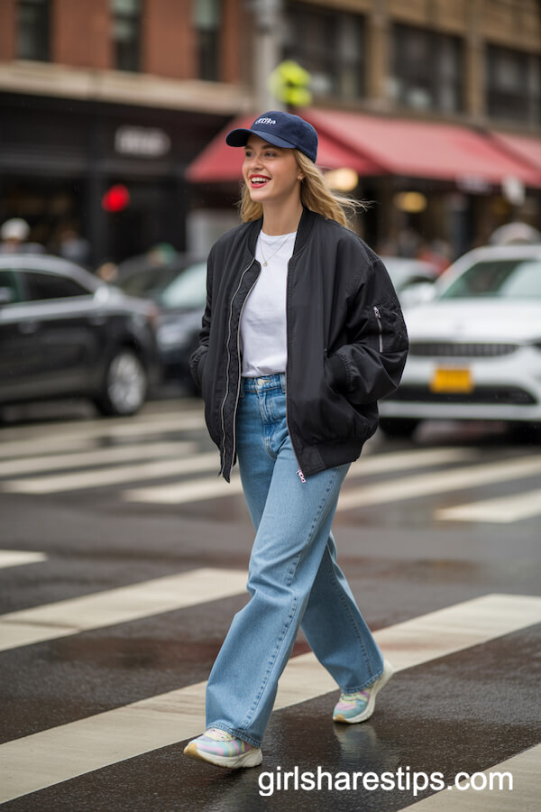 Oversized Black Bomber Jacket High-Waisted Wide Leg Jeans Pastel Sneakers