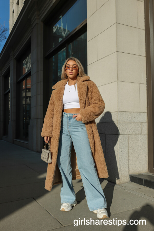Teddy Bear Faux Fur Coat Light Blue Wide Leg Jeans Chunky Sneakers