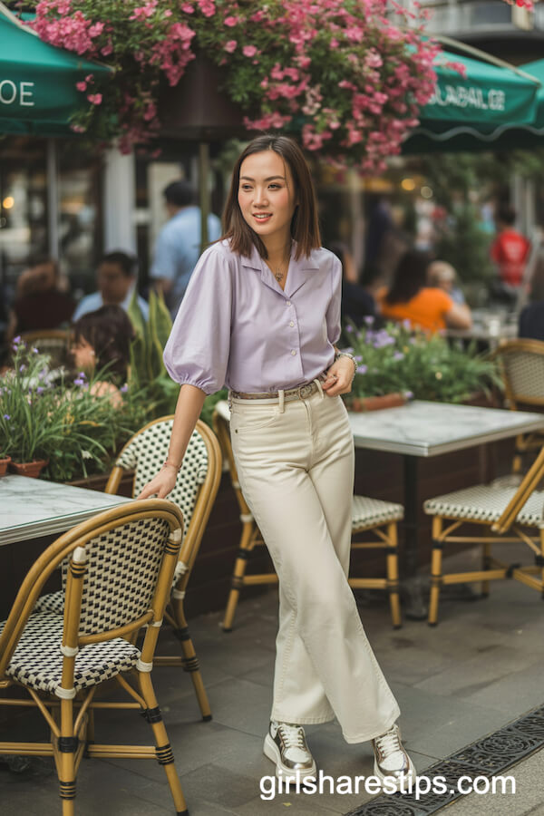 Pastel Lavender Blouse and Cream Wide Leg Jeans with Platform Sneakers