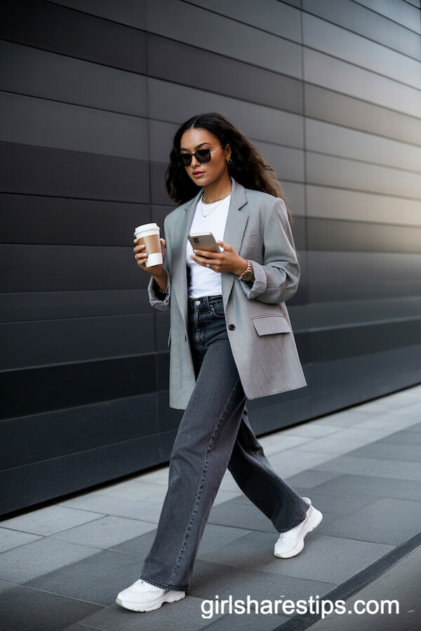Grey Blazer and Charcoal Grey Wide Leg Jeans with Trendy Sneakers