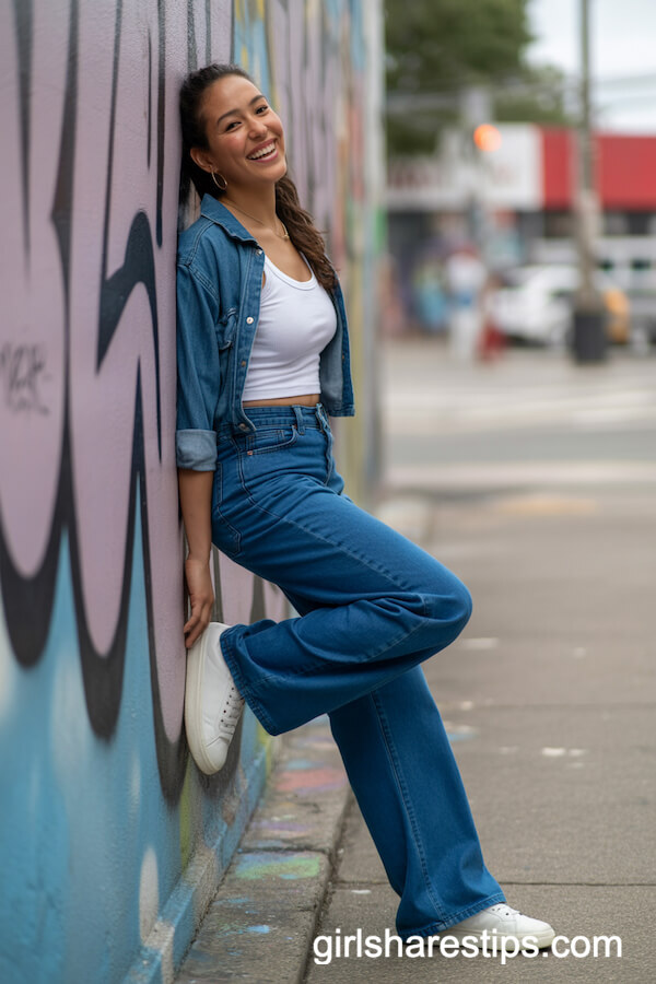 Cropped Denim Jacket Indigo Wide Leg Jeans White Sneakers