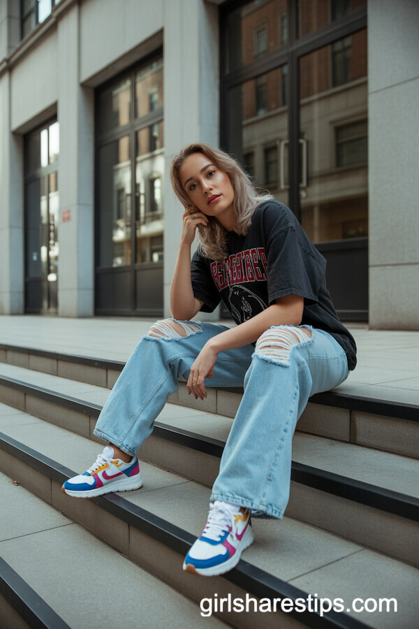 Black Graphic T-Shirt Distressed Wide Leg Jeans Bold Sneakers