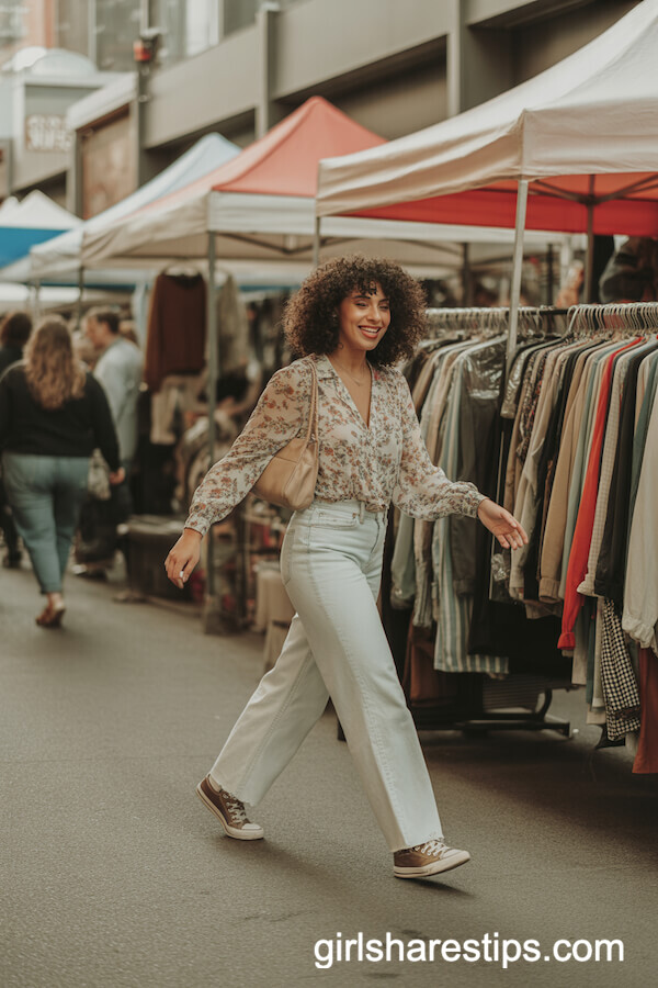 Flowy Floral Blouse Pale Wide Leg Jeans Retro Sneakers