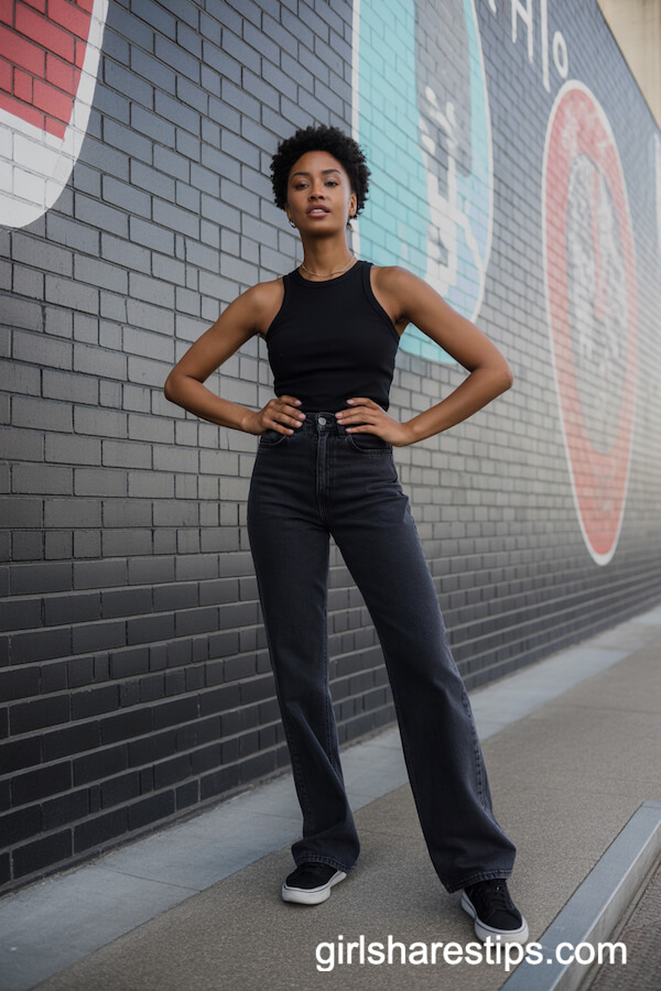 Fitted Black Tank Top and High-Waisted Wide Leg Jeans with Classic Sneakers