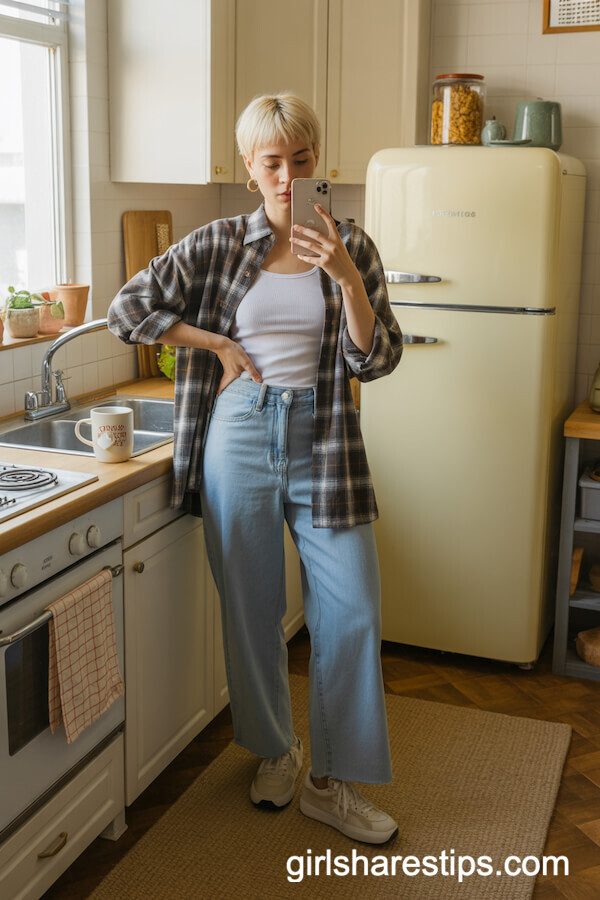 Loose Plaid Shirt Blue Wide Leg Jeans Clean Sneakers