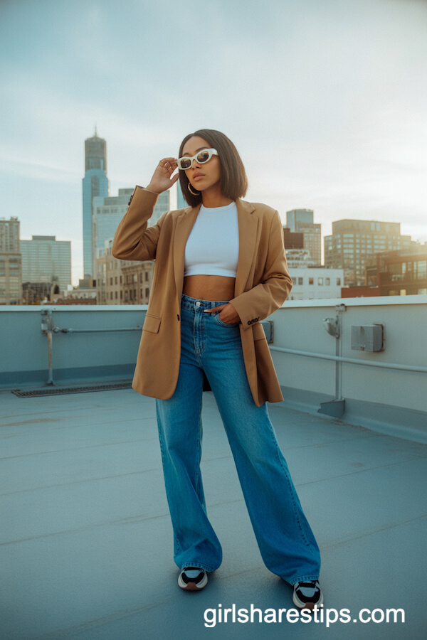 Crisp Camel Blazer and Tall Blue Wide Leg Jeans with Designer Sneakers