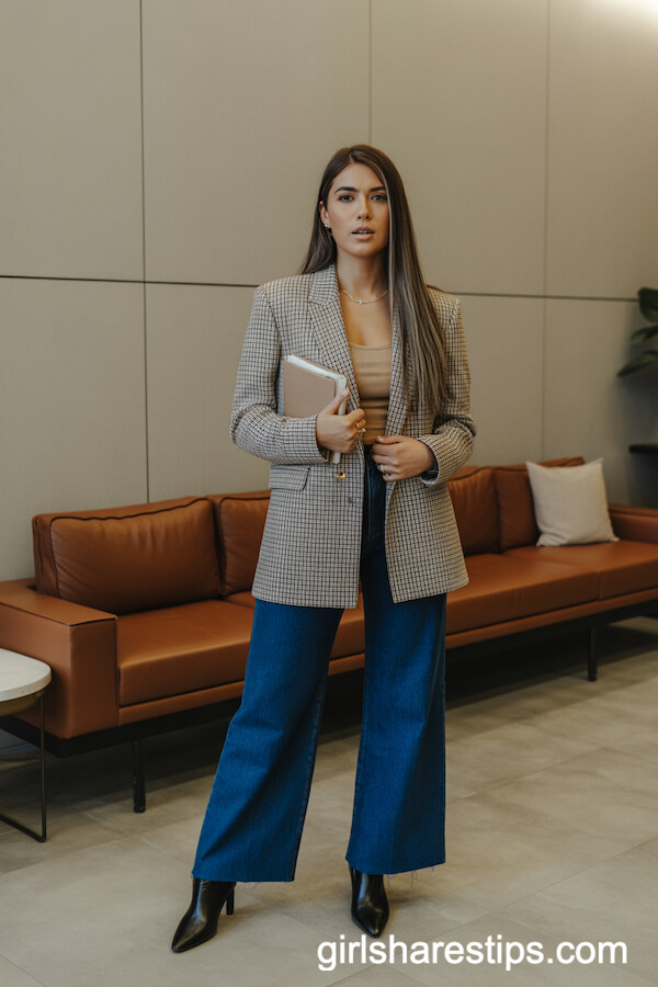 Plaid Blazer and Dark Blue Wide Leg Jeans